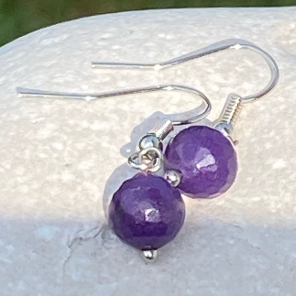 Amethyst glass bead earrings 8 mm faceted amethyst round ball dangles - Picture 6 of 6